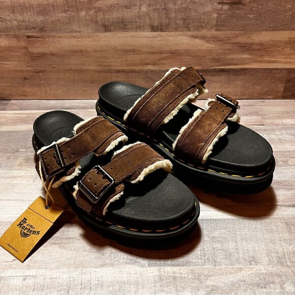 Dr Martens Unisex Myles Fur Lined Brown Buckle Slide Sandals Mens 8 Womens 9 - Picture 1 of 9